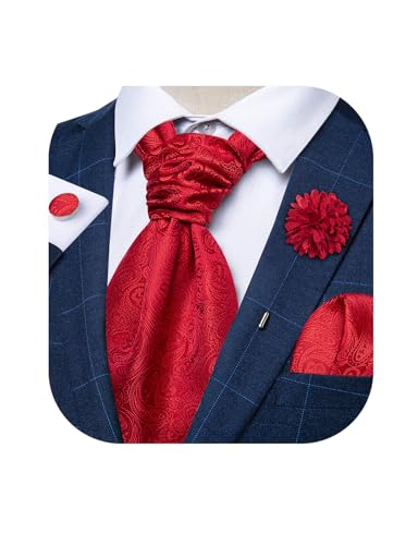Image of DiBanGu Mens Silk Ascot Ties Paisley Jacquard Woven Cravat and Pocket Square Cufflinks with Lapel Pin for Business Wedding