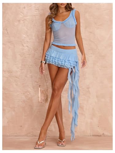 Floerns Women's Y2k Mini Skirts Low Waist Tiered Layered Ruffle Trim Going Out Skirts2