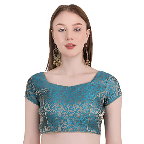Image of Women's Short Sleeve Brocade (Chanderi) Readymade Stitched Saree Blouse Ready to Wear Half Sleeves Ladies Blouse