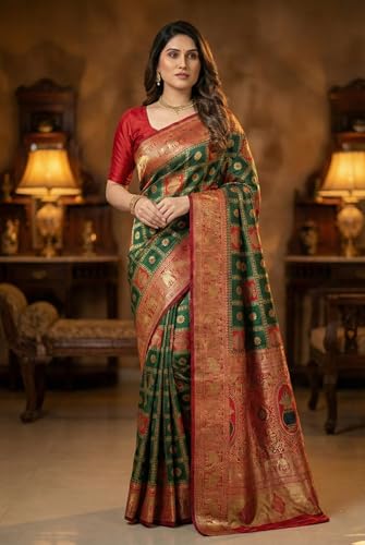 Image of C J Enterprise Women's Kanjivaram Silk Saree Woven Patola Banarasi Soft Sarees Zari With Blouse Piece (Hathi Patola)