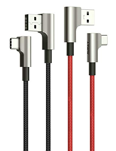 Right Angle USB C Cable AUKEY (2 Pack 3.3ft) Ideal for Playing Games 90 Degree USB C to A Fast Charging Cable Aramid Fiber Braided Nylon Type C Charger Cord for Samsung Galaxy, LG V30, Pixel 2 3 XL