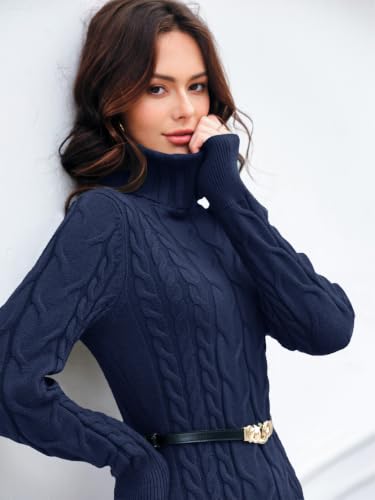 Image of Langwyqu Womens Cable Knit Long Sleeve Turtleneck Bodycon Sweater Dress