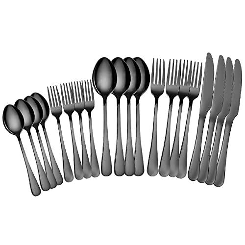 OBR KING Black Silverware Set for 4, Cutlery Set 20-piece, 18/0 Stainless Steel Flatware Set Including Dinner Knives Spoons and Forks, Dishwasher Safe