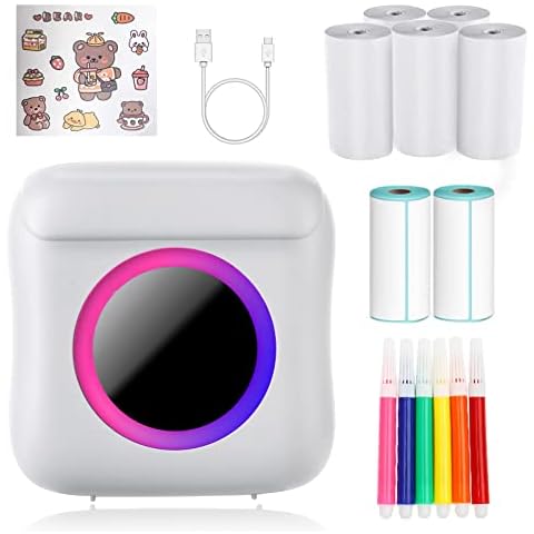 Sticker Printer, Mini Portable Thermal Printer Colorful Light Label Maker Inkless Bluetooth Thermal Paper Printer for Printing Logo, Notes,Journal,List,Memo(including 7 rolls of printing paper) Cover