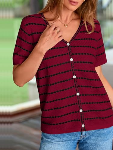 Image of NALANISA Women's Short Sleeve Sweater Spring Summer Crochet Knit Tops 2026 V Neck Striped Button Down Dressy Casual Blouses