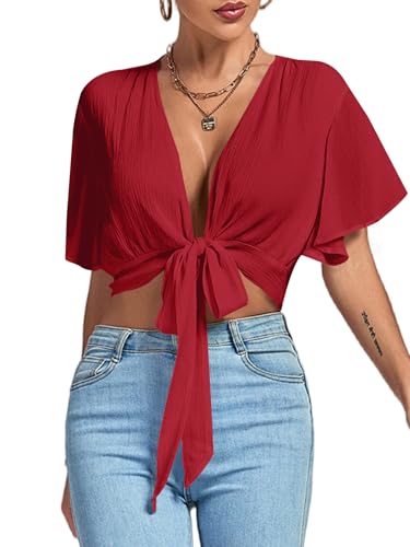 Image of LYANER Women's Sexy Deep V Neck Tie Front Wrap Cropped Blouse Bell Short Sleeve Ruffle Crop Tops