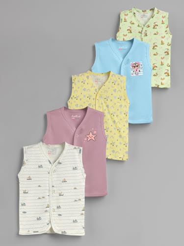 Image of HELLCAT 100% Cotton Front Open Jhabla Vest & T Shirt for Babies - Pack of 5 (Unisex,Sleeveless)
