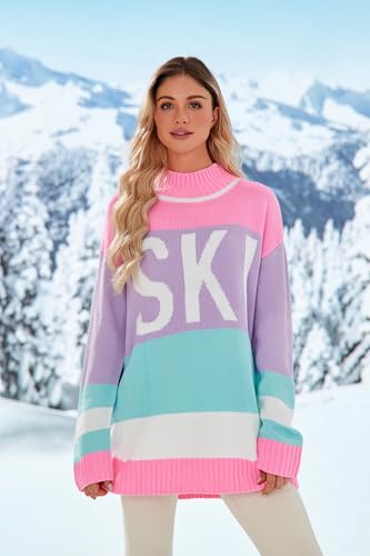 Image of Yousify Womens Sweaters Fall 2025 Oversized Color Block Ski Sweater Crewneck Winter Tops S-2XL