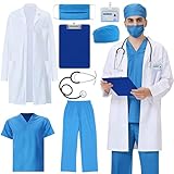 Disfraz Médico Hombre, Disfraz Cirujano Adultos con Bata, Camiseta y Pantalón, Gorro, Mascarilla, Estetoscopio, Tarjeta Identificación, Portapapeles, Perfecto para Carnaval Halloween Fiestas (L)