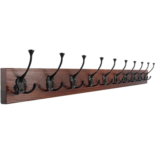 Image of IBosins 34'' Coat Rack Wall Mount with 10 Decorative Tri-Hooks, Heavy Duty Wood Coat Hanger, Rustic Coat Hooks Rail for Entryway Living Room Coat Scarf Bag Towel Hat