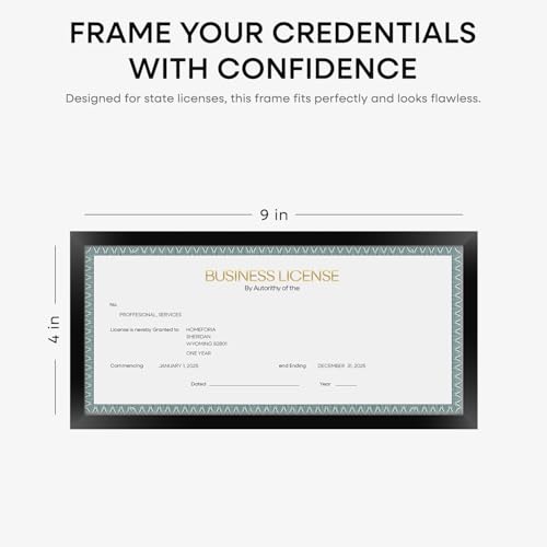 Image of Homeforia 4x9 Business License Frame Black, High End Metal 4 x 9 Certificate Frames with Real Glass, 9x4 Document Frames for Wall or Tabletop, 4 by 9 Picture Frames, Tempered Glass, Wall Kit, Set of 1