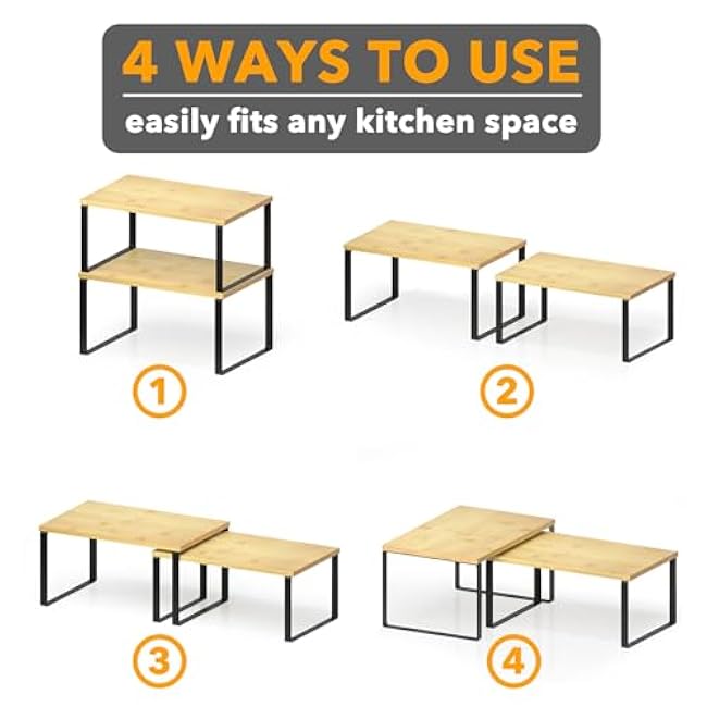 SpaceAid Cabinet Shelf Organizers 2 Pack, Kitchen Counter Rack Shelves Riser, Stackable Expandable Spice Rack, Pantry Cupboard Storage Organization (Black and Natural, Short)