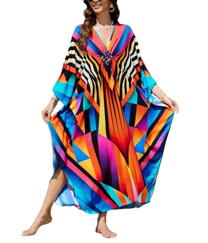 Image of IMAGEKOPE Women's Plus Size Animal Print V-Neck Batwing Kaftan Beach Dress Bathing Suit Cover-Up Loungewear