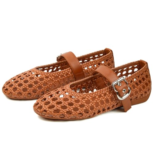 Image of Woven Ballet Flats Mesh Mary Jane Flats for Women Dressy Comfortable Ballerina Flat Round Toe Buckle Strap Mesh Shoes Casual Mary Janes