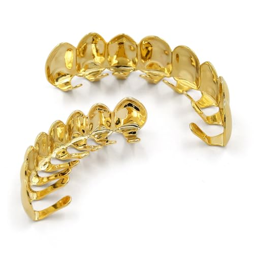 JINAO Gold Grills for Your Teeth 18K Gold Plated Grillz Finish 8 Top Teeth 8 Bottom Tooth Grillz Hip Hop Mouth Grills for Men Women (Gold Set)