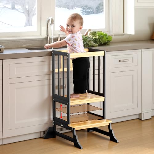 COSYLAND Height-Adjustable Toddler Standing Tower Stable Kitchen Standing Stool with Reinforced Base Lightweight Portable Standing Helper for Kitchen and Home Use (Black & Natural)