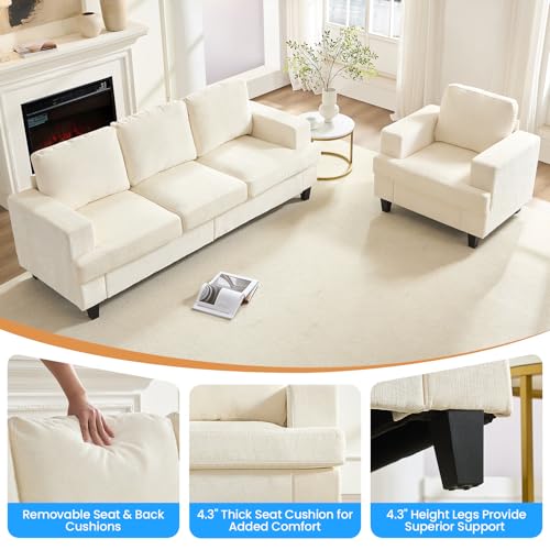 Image of PUREMIND 2 Piece Living Room Sofa Set, Chenille Upholstery 3 Seater Couch and Armchair Set, Solid Wood Frame, Modern Sectional Couches for Living Room, Office, Apartment