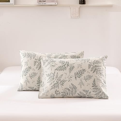 Image of ECOCOTT 2 Pack Pillowcase Queen Size with Green Botanical Plant Leaves Pattern Pillow Cases Set, 100% Cotton Queen Pillow Covers Envelope Closure (Queen, 20 inchx30 inch)