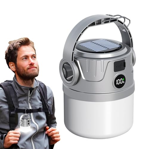 Luz solar de camping, linterna LED recargable por USB, impermeable, linterna LED con pantalla digital, lámpara de campamento, para senderismo, interior y tienda de campaña