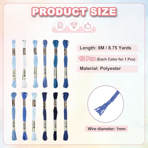 Image of PATIKIL 12 Skeins Embroidery Floss Polyester Embroidery Threads Bracelets String for Cross-Stitch Hand Embroidery, Blue