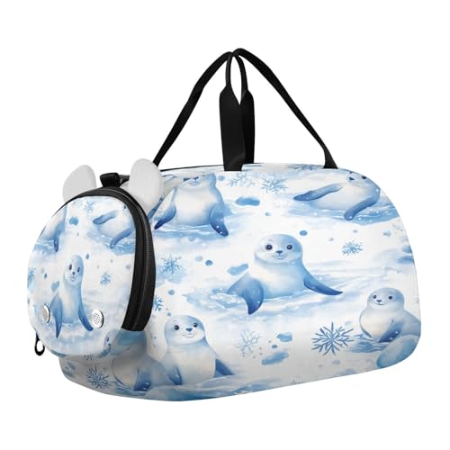Seal Snowflakes Blue Kids Travel Duffel Bag for Boys Girls Overnight Weekend Tote Bag with Shoes Compartment for Dance Gym Sports