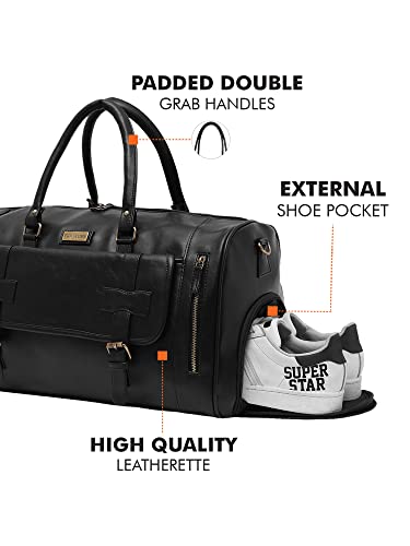 Image of Fur Jaden Weekender Premium Duffle Bag with Shoe Pocket for Travel for Men and Women Made of Faux Leather with Attachable Shoulder Strap Cabin Holiday Bag (Black)