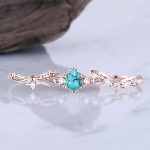 Vintage Gemstone Ring Set S925 10k 14k 18k 1.25CT Pear Cut Gemstone Engagement Ring Set for Women, Cluster Moissanite Bridal Set 3PCS Ring Set, Curved Wedding Ring Set Promise Anniversary For Her2