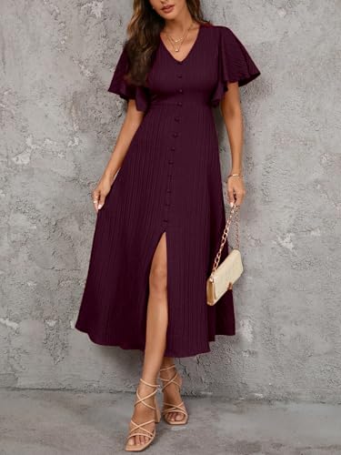 Image of Shasmi Girl's & Women's Pleated Midi Dress with Flutter Sleeves | V-Neck Western Dress for Women | Elegant A-Line Summer Outfit | Office & Casual Wear (Dress 244)
