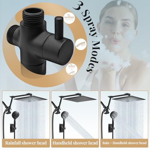 12'' Rain Shower Head with Handheld Spray, Black Shower Head High Pressure with 16'' Flexible Adjustment of Height/Angle Upgraded Extension Arm and 5 Setting Handheld Shower Head with Hose, Anti-leak