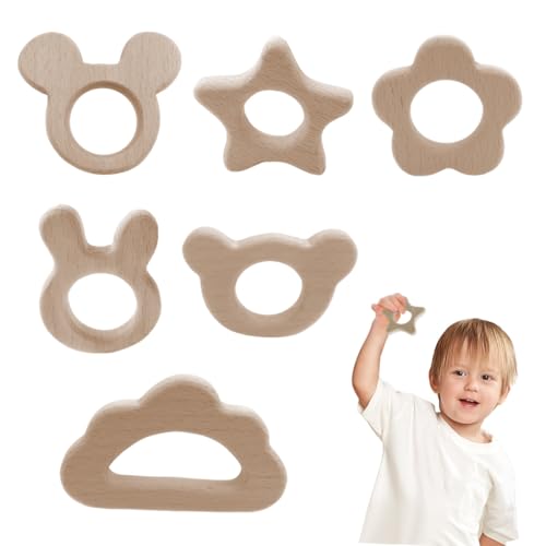 Toys de Dentition en Bois en Bois, Pack de 6 Anneaux de Dentition Bébé en Bois Naturel, Anneaux de Dentition Animaux en, Collier et...