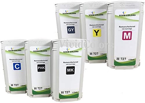 Vivid Colors Set of 6 Remanufactured H 727 Inkjet Cartridges for H Designjet T920 Printer 130ml Ink Tanks