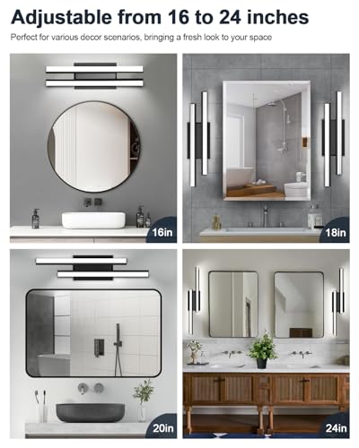 Image of Modern LED Bathroom Light Fixtures 24 Inch 2 Pack, 26W 2200 Lumens Retractable,Dimmable Bathroom Vanity Fixtures Over Mirror,Lighting Indoor,Black Light Fixtures, 5700K