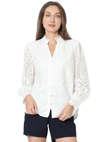 Image of VERO Moda Women's Cotton Mandarin Collar Solid Regular Fit Shirt | Schiffli Design Shirt for Women