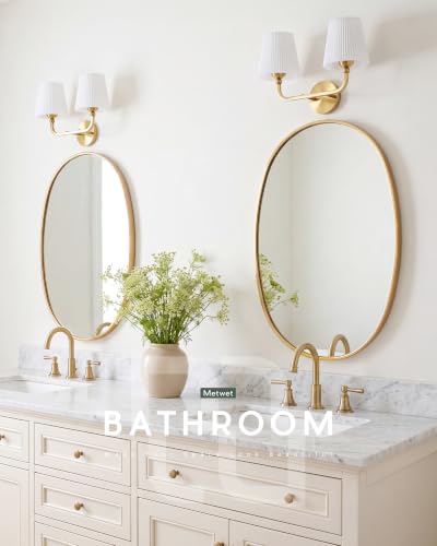 Image of 2-Light Brushed Gold Bathroom Vanity Light, Pleated Fabric Shade