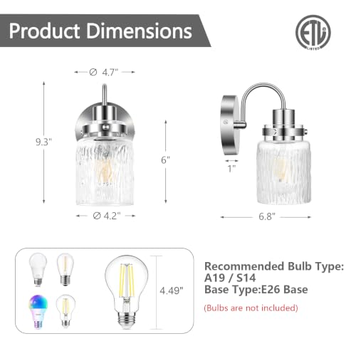Image of 2 Pack Hammered Glass Wall Sconces Set of Two,Brushed Nickel