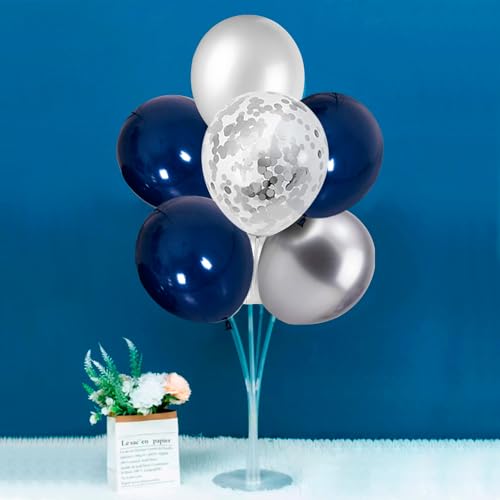 Image of ZJDHPTY 4 Set Navy Blue Silver Balloon Stand Table Centerpieces Party Decor | Retirement Party Decorations,Balloon Centerpieces for Birthday Graduation Wedding Anniversary New Years Eve Party Supplies