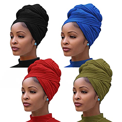 YMHPRIDE 4 Pieces Stretch Jersey Turban Head Wrap Knit Headwraps Urban Hair Scarf Solid Color Extra Long Hair Scarf Urban African Head Wrap Head Band Ultra Breathable Soft Turban Tie for Women