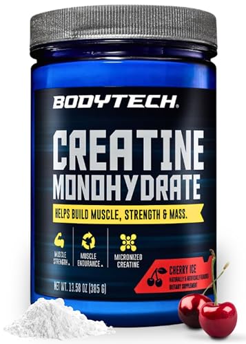 BodyTech 100% Pure Creatine Monohydrate Powder Micronized Creatine Preworkout Supplement for Muscle Strength Endurance & Power Helps Build Muscle & Mass Cherry Ice Flavor 13 oz 55 Servings