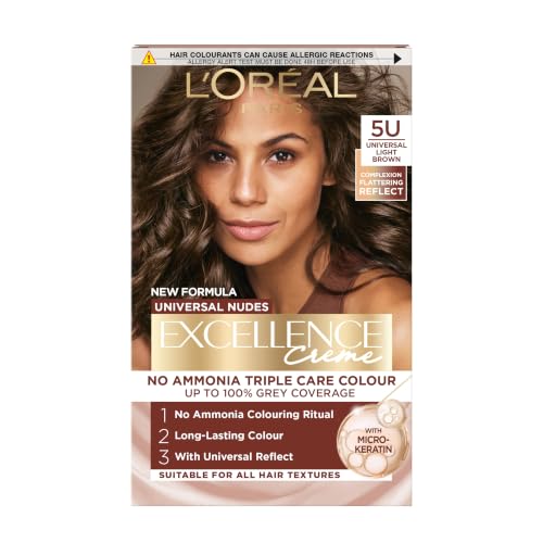 LOréal Paris Excellence Universal Nudes Hair Colour Ammonia-Free Micro-Keratine Triple Care 100% Grey Coverage Radiance Boosting 5U Universal Light Brown