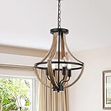 Eoodis Lámpara de araña de madera rústica de 4 luces, colgante de altura ajustable, lámpara de techo vintage para comedor, cocina, sala de estar(bombilla no incluida)