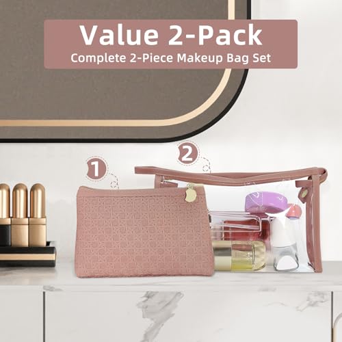 Makeup Bag Set of 2 – Clear PVC Toiletry Bag with Zipper & PU Leather Cosmetic Pouch, Travel Makeup Organizer Bags for Women, Portable Leather Pouch for Purse or Travel, Brown 6