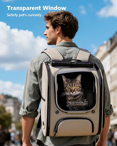 pecute Katzenrucksack Erweiterbar Bubble Haustier Rucksack mit Netzfenster, Tragbare und Faltbare Katzentasche, Atmungsaktive und Leichte Hundetasche für Hunde Katzen Haustiere, Khaki
