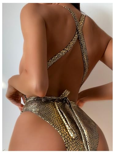 MakeMeChic Women's Metallic One Piece Swimsuit Halter Deep V Neck Criss Cross Tie Back Monokini Swimwear2