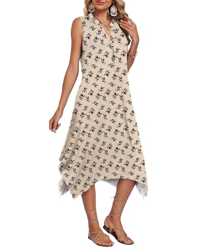 Image of AUSELILY Women Summer Midi Dress, Sleeveless Casual Asymmetrical & Pockets | V-neck midi sundress, asymmetrical flowy hem & side pockets, great for beach, vacation and daily wear
