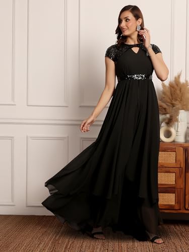 Image of Miss Chase Women's Round Neck Sleeve Embellished Fit Flare Maxi Dress