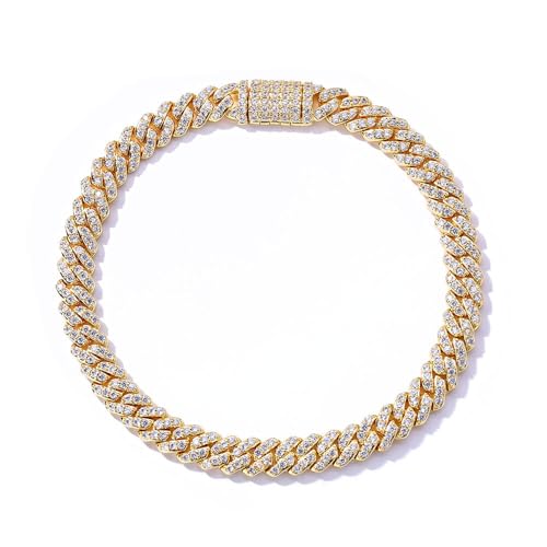 Gryvox Solid Gold over S925 Sterling Silver 6mm Single Row Cuban Bracelet with Dense Stone Arrangement, Hip Hop Chain, Edgy Jewelry for Men (Yellow,7Inch)