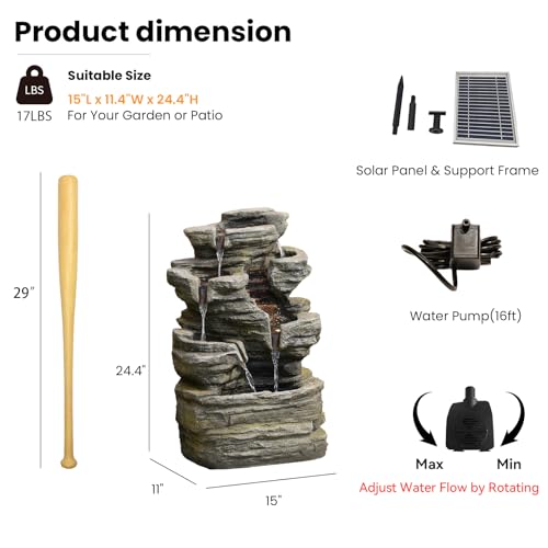 6-Tier Solar Water Fountain Outdoor, 24.4" H Cascading Rock Feature Garden Fountains and Waterfalls with Light, Pump, Solar Panel for The Patio, Deck, Porch, Backyard Home Décor, Stone Gray