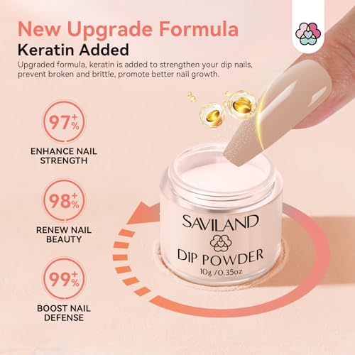 SAVILAND Dip Powder Nail Kit Starter with Nail Tips - 4 Colors with French Tips & Keratin Formula, Brown Nude Clear Dipping Powder No U V Lamp Needed for Home Manicure (10ml x4 Dip Liquids + Tools)
