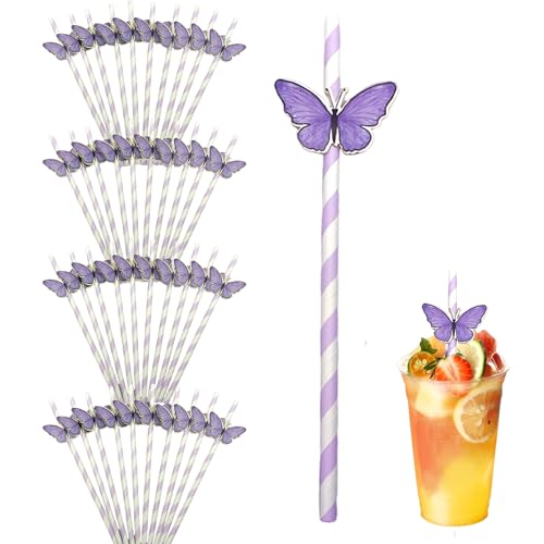 Ouliget Butterfly Stripe Paper Straws,Butterfly Floral Decor Disposable Party Straws,Drinking Straws Set for Valentine's Day, Brithday, New Year, Party Decoration Supplies,40 Pieces,Purple
