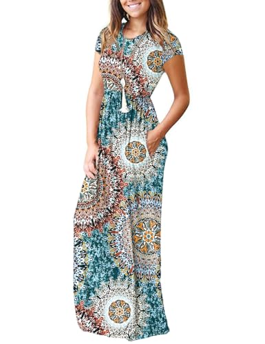 Image of MISFAY Women's Short Sleeve Maxi Dresses Long Casual Dresses with Pockets | Empire Elastic Waist, Crew Neck, Floor Length, Strentchy Flowy A Line Fit, Loose Plain Summer Outfits, Vacation Wear